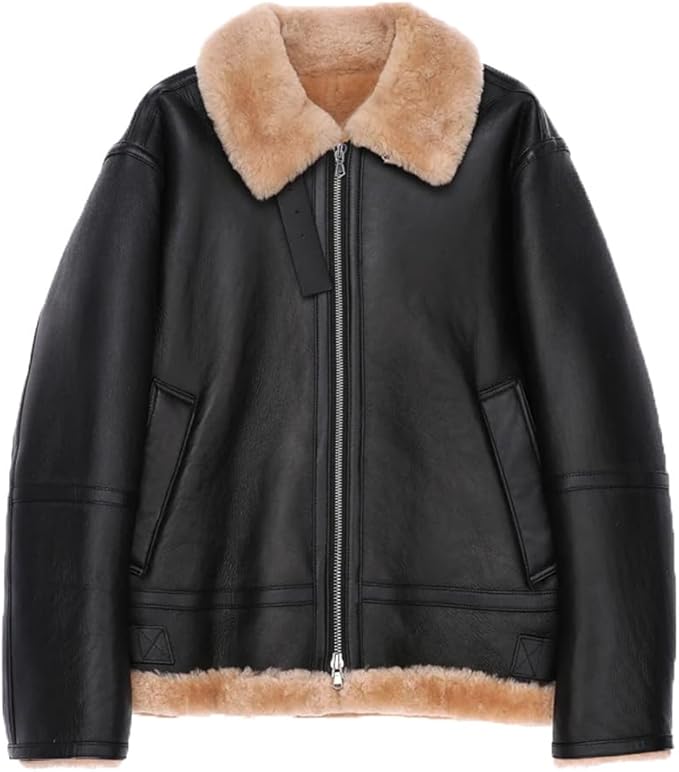 Mens Leather Shearling Jacket British Style Thickened Oversized Overcoat Full Zip Up Bomber Jacket
