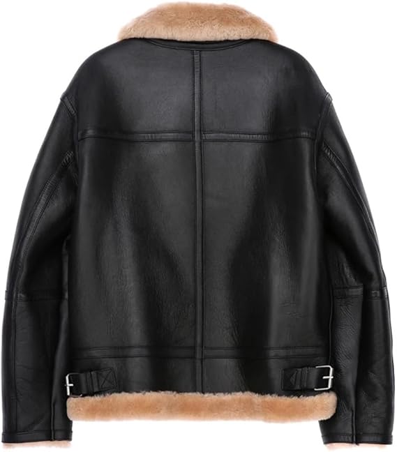 Mens Leather Shearling Jacket British Style Thickened Oversized Overcoat Full Zip Up Bomber Jacket