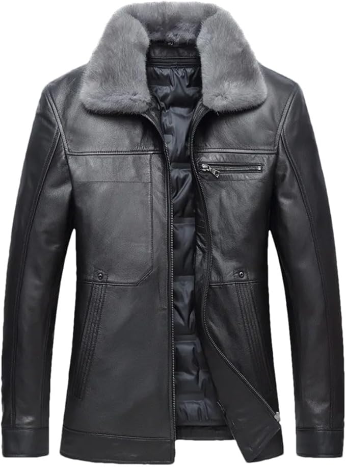 Hgvcfcv Men Plus Size Cowhide Down Jacket Fur Collar Winter Thick Warm Fit Leather Coat